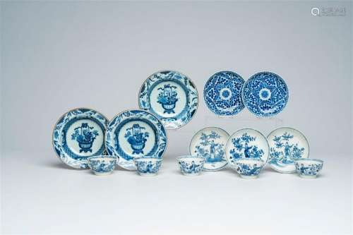 A varied collection of Chinese blue and white cups and sauce...