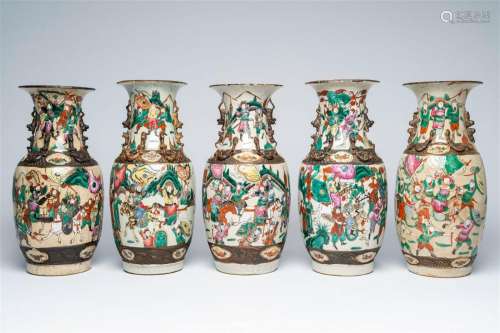 Five Chinese Nanking crackle glazed famille rose 'warrior' v...