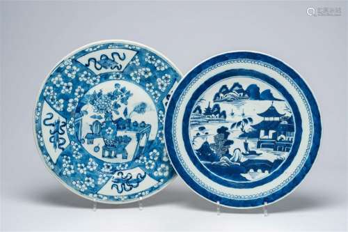 Two Chinese blue and white chargers with a landscape and ant...