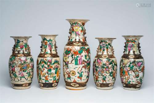 Five Chinese Nanking crackle glazed famille rose vases with ...