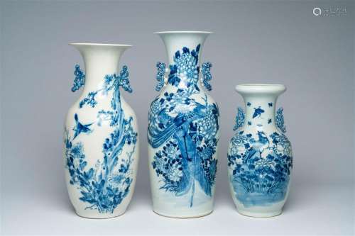 Three Chinese blue and white vases with birds among blossomi...