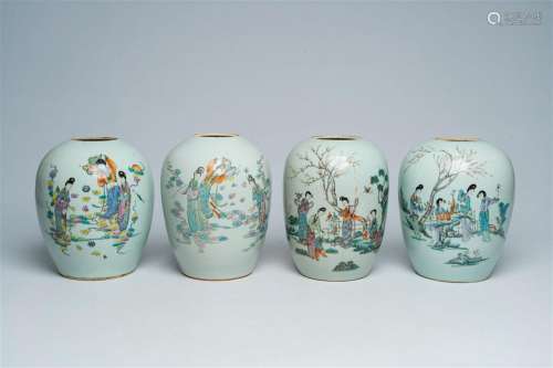 Four Chinese famille rose ginger jars with ladies, 19th/20th...