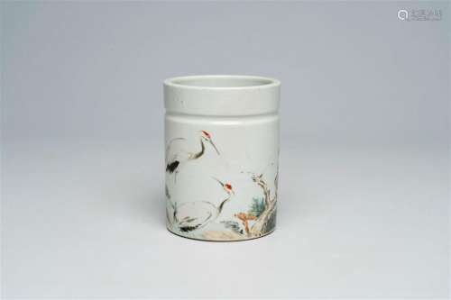 A Chinese qianjiang cai 'cranes' brush pot, 20th C.