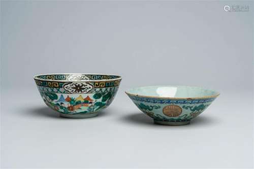 Two Chinese famille verte bowls with figures in a landscape ...