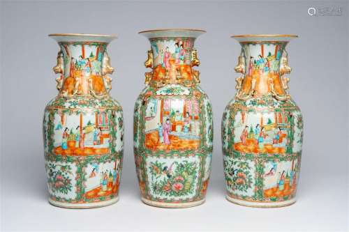 Three Chinese Canton famille rose vases with palace scenes a...