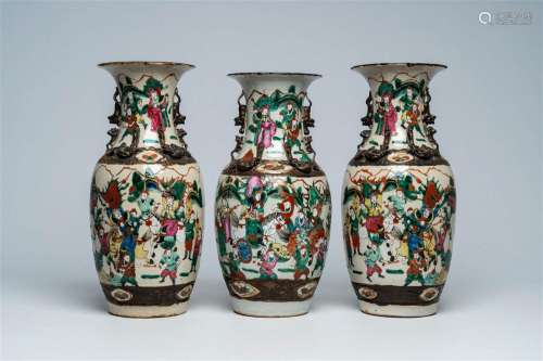 Three Chinese Nanking crackle glazed famille rose 'warrior' ...