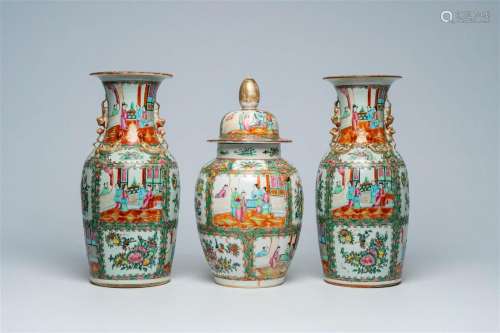 Three Chinese Canton famille rose vases with palace scenes a...