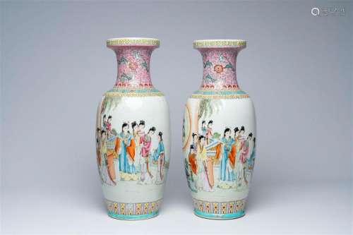 A pair of Chinese famille rose vases with court ladies in a ...