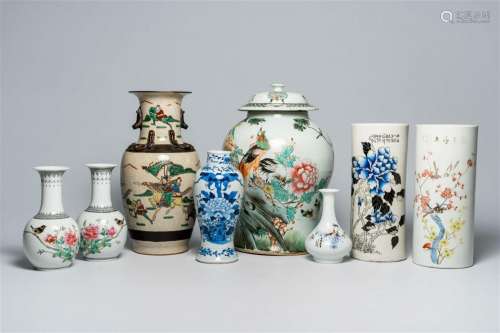 Six Chinese famille rose, verte and blue and white vases and...