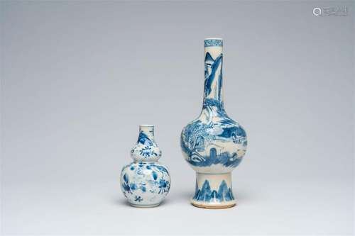 Two Chinese blue and white vases with an animated landscape ...