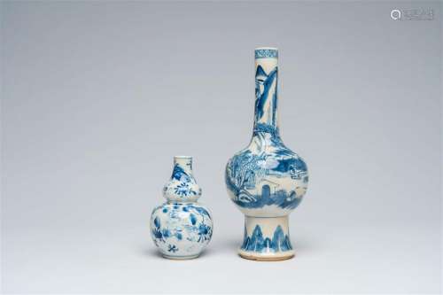 Two Chinese blue and white vases with an animated landscape ...