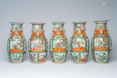 Five Chinese Canton famille rose vases with palace scenes an...