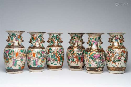 Six various Chinese Nanking crackle glazed famille rose 'war...
