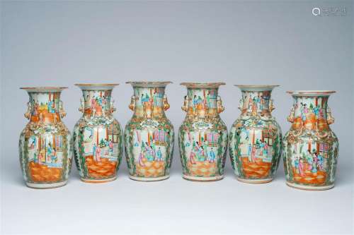 Six various Chinese Canton famille rose vases with palace sc...