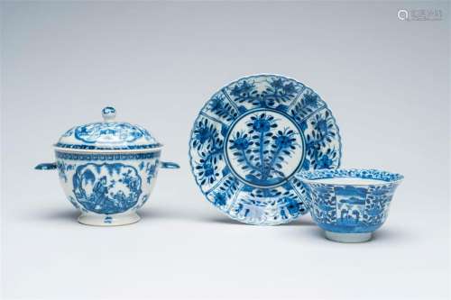 A Chinese blue and white écuelle with shell handles and a cu...