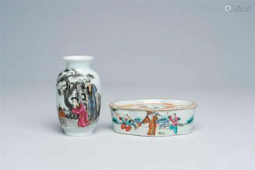 A Chinese famille rose cricket box and a vase with figures i...