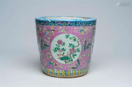 A Chinese famille rose jardinière with butterflies, bats and...