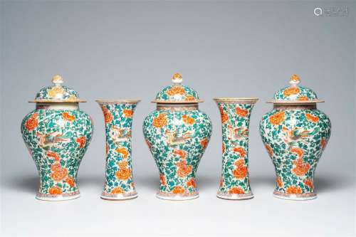 A French Samson famille verte style five-piece vase garnitur...