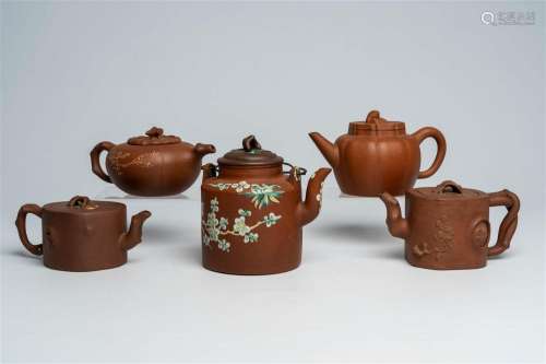 Five Chinese Yixing stoneware teapots and covers with floral...