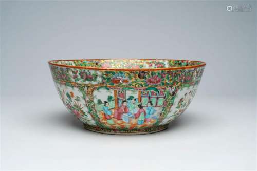 A Chinese Canton famille rose bowl with palace scenes and bi...