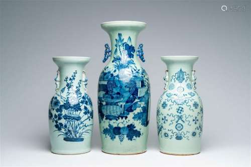 Three Chinese blue and white celadon ground vases with antiq...