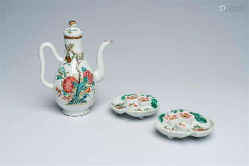 A Chinese famille rose ewer and cover and a pair of peach-sh...