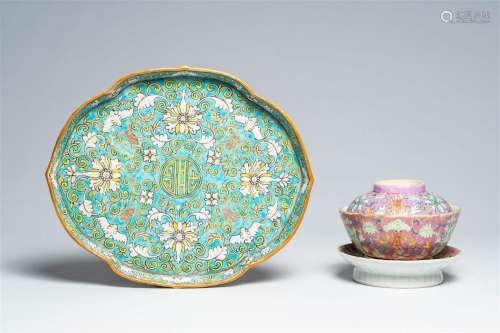 A Chinese famille rose bowl and cover on stand and a famille...