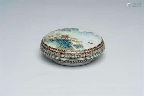 A Chinese 'mountainous landscape' box and cover, seal mark, ...