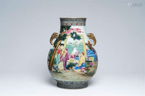 A Chinese famille rose 'hu' vase with go players and figures...