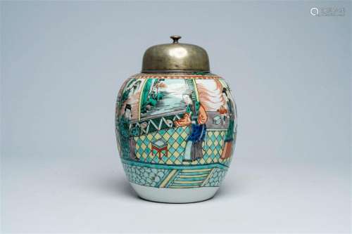 A Chinese famille verte jar with an animated palace scene an...