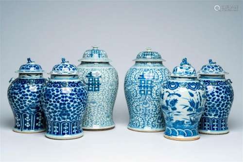 Six Chinese blue and white vases and covers with 'double hap...