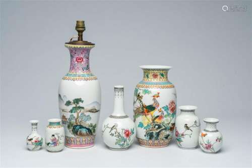 Seven various Chinese famille rose vases, one of which mount...