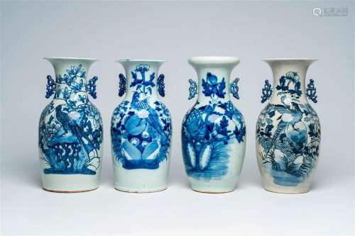 Four Chinese blue and white vases with birds among blossomin...