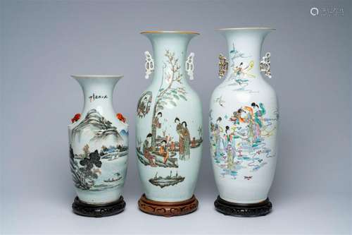 Three Chinese famille rose and qianjiang cai vases with ladi...