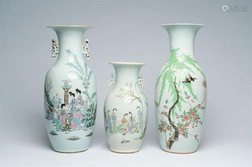 Three Chinese qianjiang cai vases with ladies in a garden an...