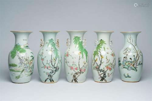 Five Chinese qianjiang cai vases with figures in a landscape...