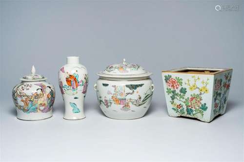 Two Chinese famille rose jars and covers and a vase with fig...