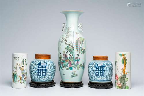 A Chinese qianjiang cai vase with ladies in a garden, two ha...