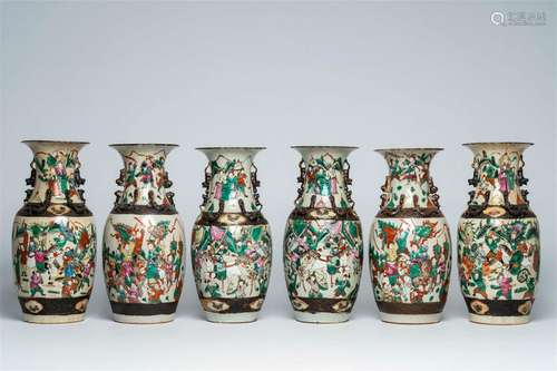 Six Chinese Nanking crackle glazed famille rose 'warrior' va...