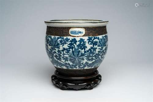A Chinese Nanking craquelé blue and white jardinière with fl...