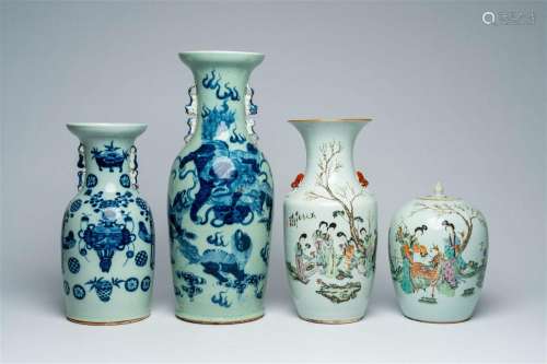 Three various Chinese qianjiang cai and blue and white celad...