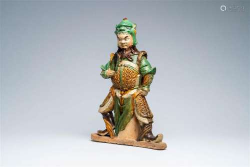A Chinese sancai glazed 'warrior' roof tile, Ming
