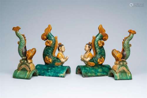 Two pairs of Chinese sancai-glazed fish- and mermaid-shaped ...