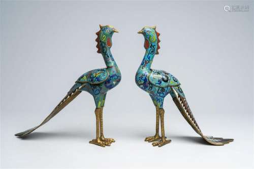 A pair of Chinese cloisonné phoenix-shaped incense burners, ...