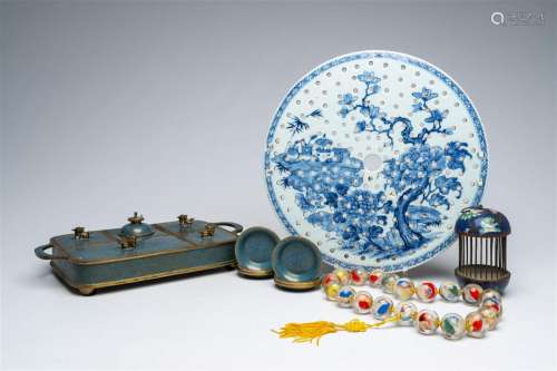A Chinese blue and white strainer, a collection of cloisonne...