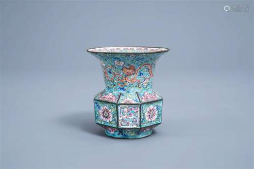 A Chinese Canton enamel spittoon with dragons, bats and lotu...