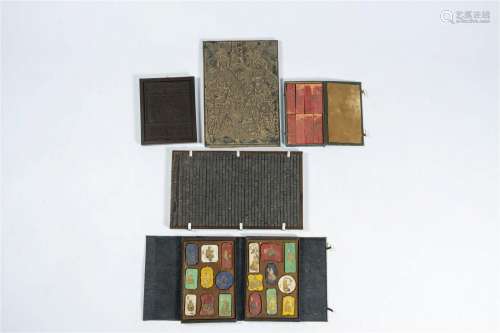 Two Chinese boxes with inkstones, a tea block, a printing pl...