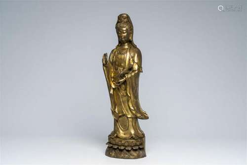 A large Chinese gilt copper sculpture of a standing Guanyin ...