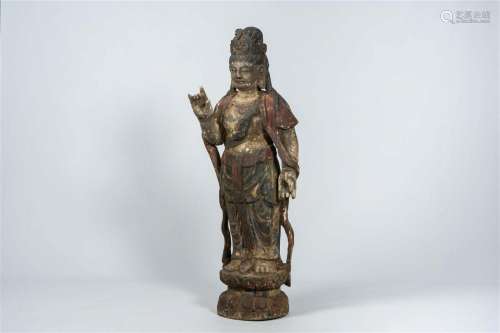 A large Chinese carved and polychrome painted wood figure of...