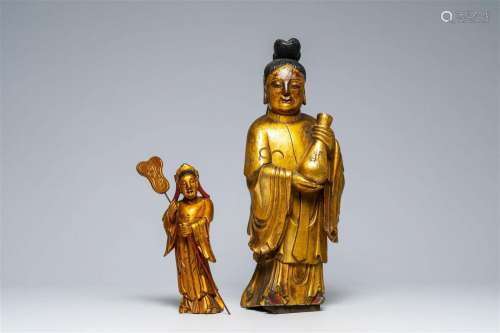 Two Chinese lacquered and gilt wood figures, 19th C.